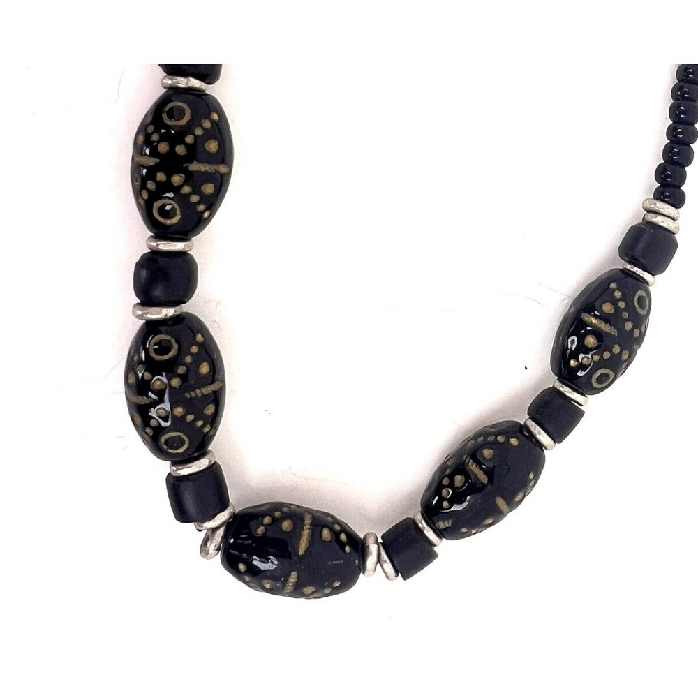 Boho Black and Silver Beaded Necklace Necklace Tribal Handmade Wooden Beads 17"